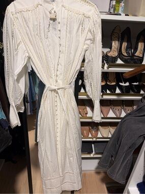 Zimmermann Cream Long-Sleeve Button-Front Maxi Dress with Tie